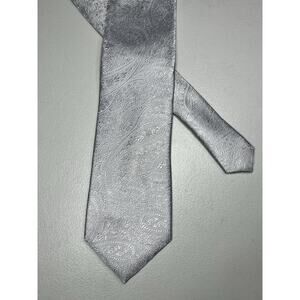 Paul Frederick Silver Paisley Print Silk Tie Mens Necktie 3 1/4" x 61"